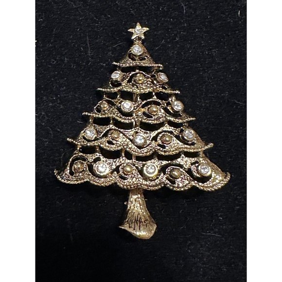 Vintage Premier Designs Christmas Tree Brooch Pin Gold Toned  Rhinestones - Picture 1 of 6